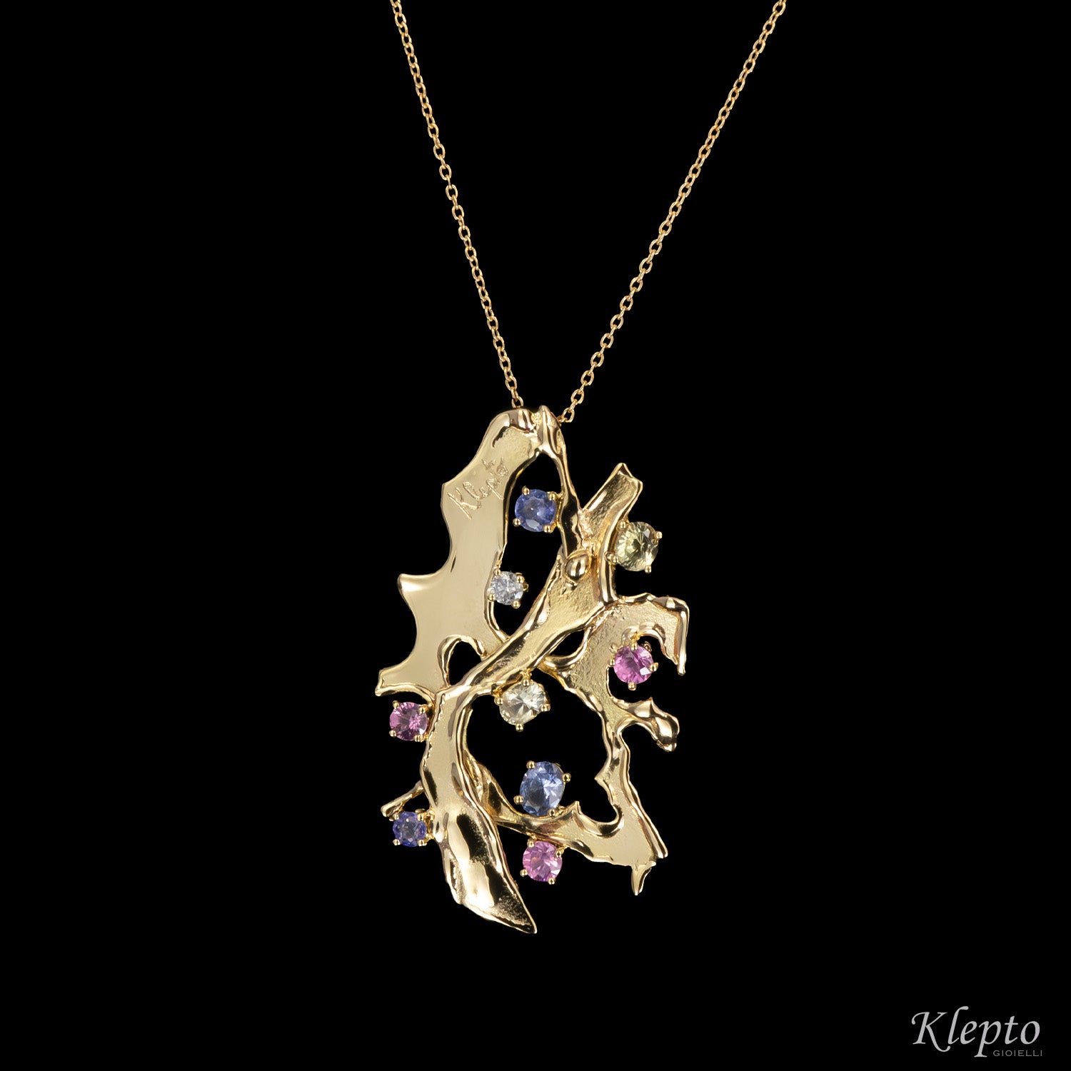 Pendente in oro giallo con Zaffiri, Tanzanite e Diamante