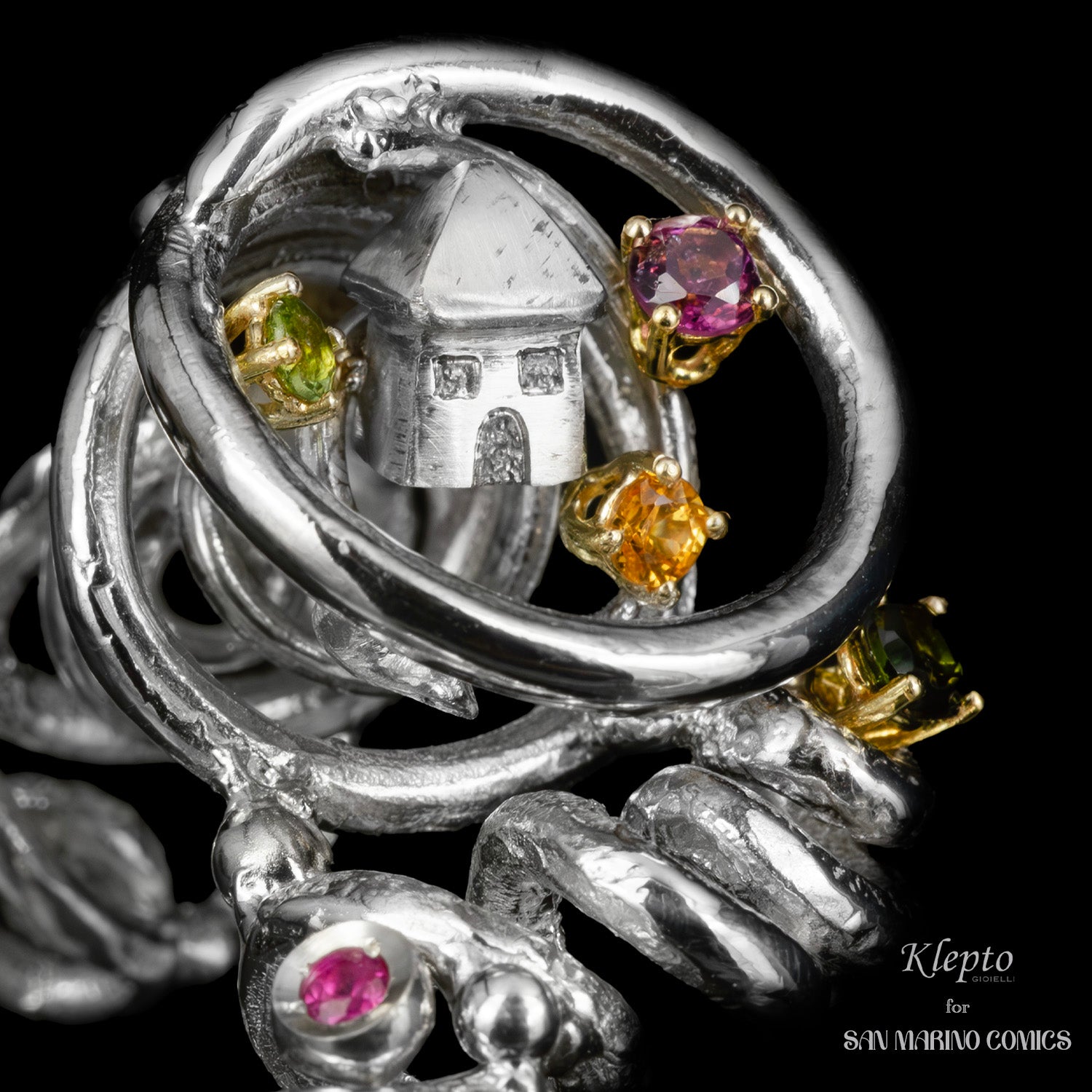 Anello in Argento Silnova "L'Uragano" con Rodolite, Zaffiri, Tormalina e Rubino